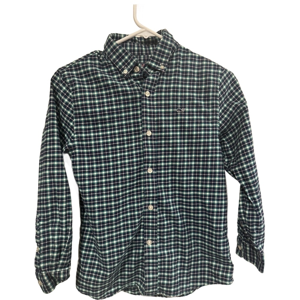 EUC BOYS VINEYARD VINES WHALE SHIRT NAVY BLUE GREEN PLAID SIZE S (8-10)